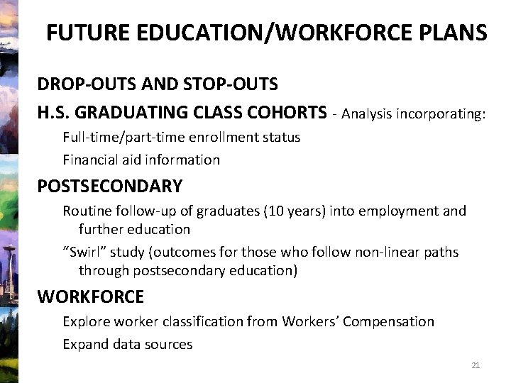 FUTURE EDUCATION/WORKFORCE PLANS DROP-OUTS AND STOP-OUTS H. S. GRADUATING CLASS COHORTS - Analysis incorporating: