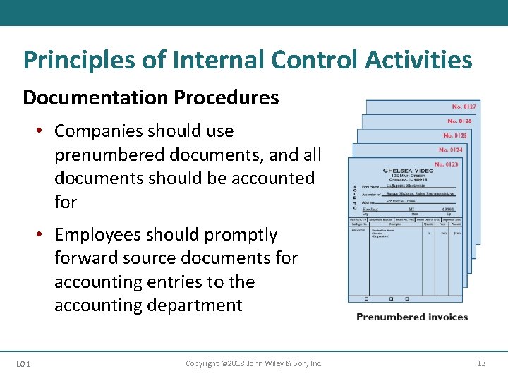 Principles of Internal Control Activities Documentation Procedures • Companies should use prenumbered documents, and