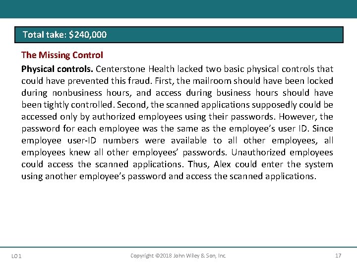 Total take: $240, 000 The Missing Control Physical controls. Centerstone Health lacked two basic