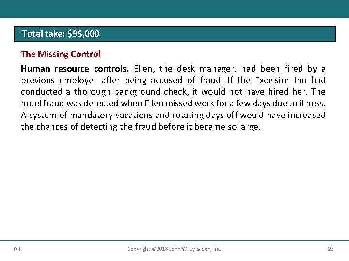 Total take: $95, 000 The Missing Control Human resource controls. Ellen, the desk manager,