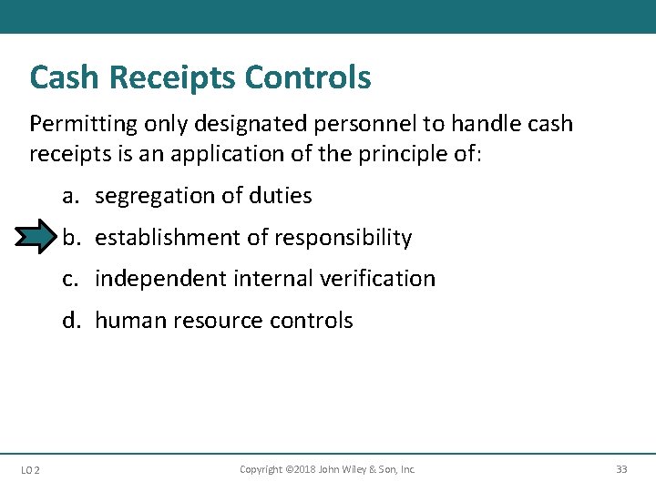 Cash Receipts Controls Permitting only designated personnel to handle cash receipts is an application