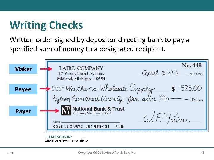 Writing Checks Written order signed by depositor directing bank to pay a specified sum