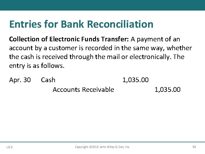 Entries for Bank Reconciliation Collection of Electronic Funds Transfer: A payment of an account