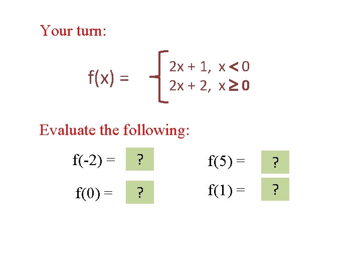 Your turn: f(x) = 2 x + 1, x 0 2 x + 2,