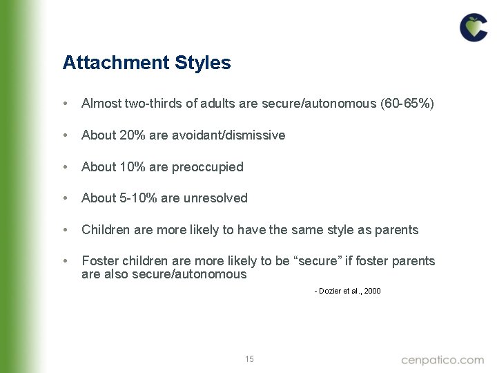 Attachment Styles • Almost two-thirds of adults are secure/autonomous (60 -65%) • About 20% Attachment Styles • Almost two-thirds of adults are secure/autonomous (60 -65%) • About 20%