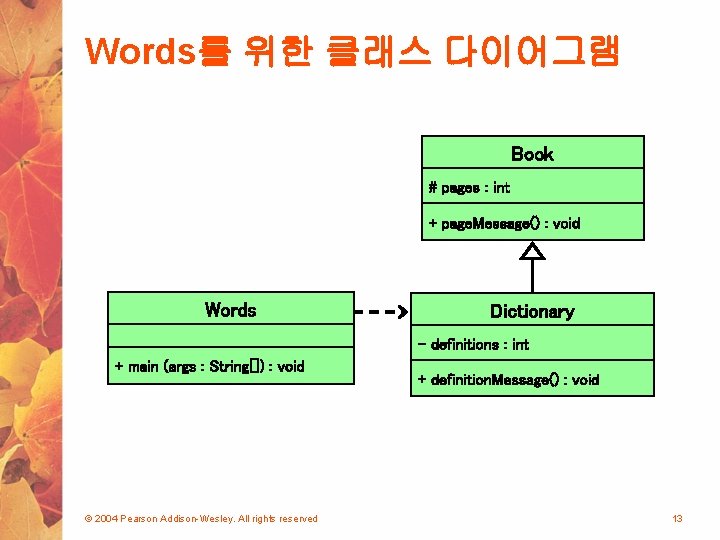 Words를 위한 클래스 다이어그램 Book # pages : int + page. Message() : void