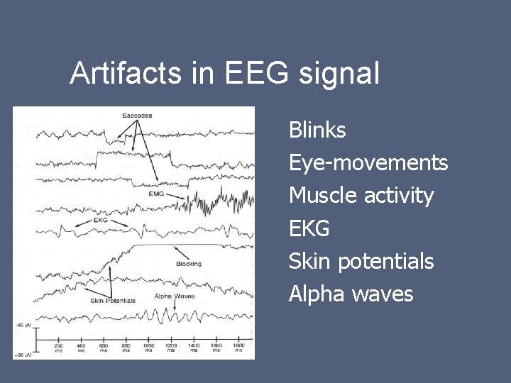 Artifacts in EEG signal Blinks Eye-movements Muscle activity EKG Skin potentials Alpha waves 