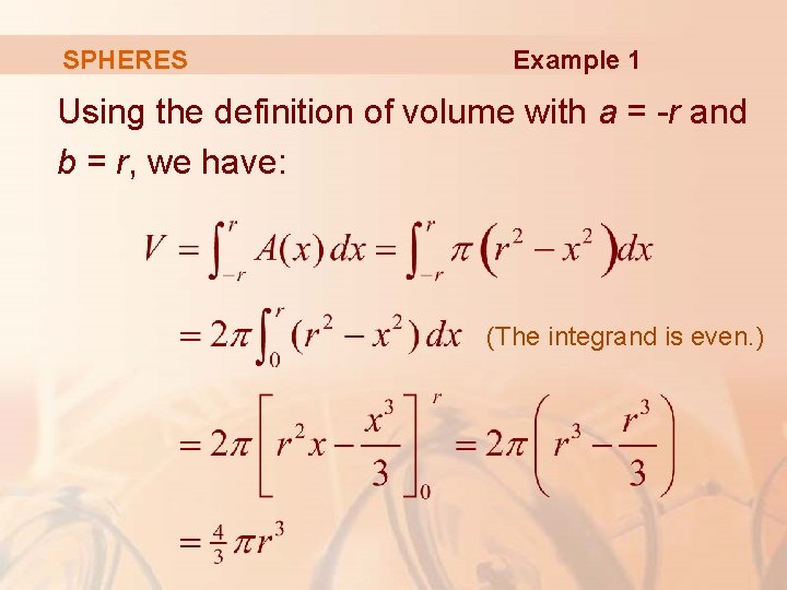 SPHERES Example 1 Using the definition of volume with a = -r and b