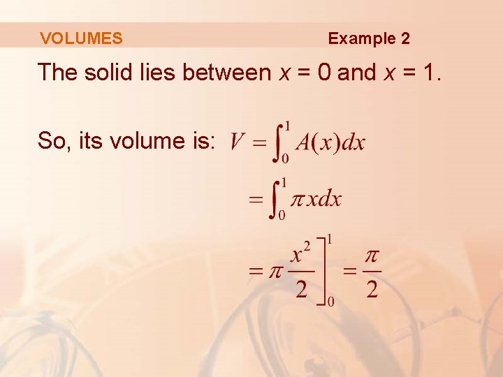 VOLUMES Example 2 The solid lies between x = 0 and x = 1.