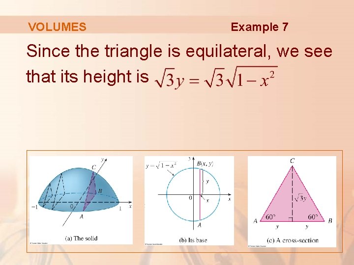 VOLUMES Example 7 Since the triangle is equilateral, we see that its height is