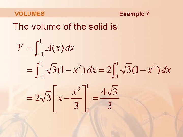 VOLUMES Example 7 The volume of the solid is: 