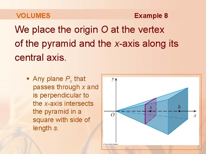 VOLUMES Example 8 We place the origin O at the vertex of the pyramid