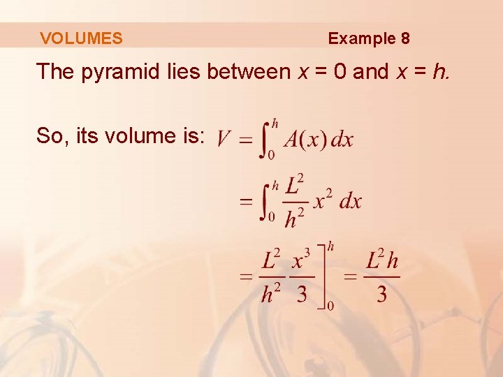 VOLUMES Example 8 The pyramid lies between x = 0 and x = h.