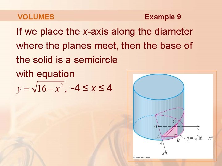 VOLUMES Example 9 If we place the x-axis along the diameter where the planes