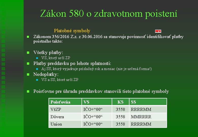 Zákon 580 o zdravotnom poistení Platobné symboly n Zákonom 356/2016 Z. z. z 30.