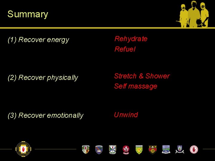 Summary (1) Recover energy • Rehydrate • Refuel (2) Recover physically • Stretch & Summary (1) Recover energy • Rehydrate • Refuel (2) Recover physically • Stretch &