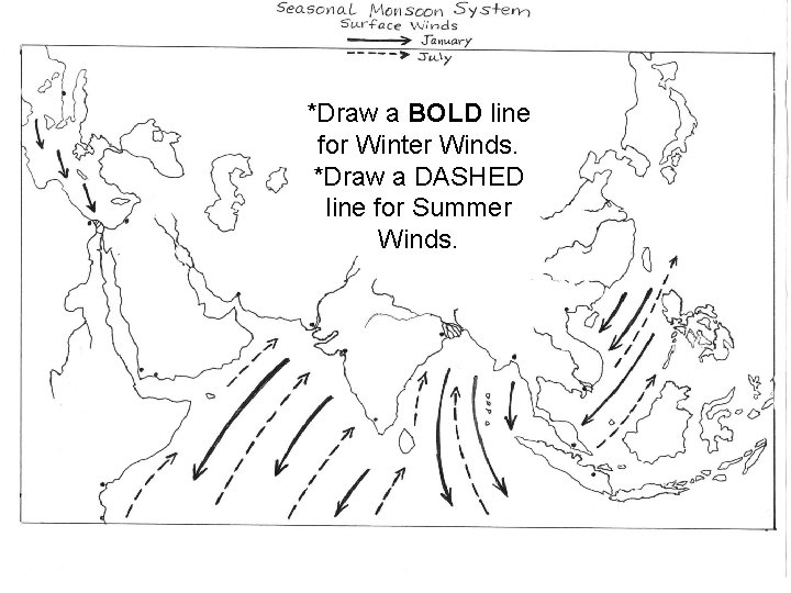 *Draw a BOLD line for Winter Winds. *Draw a DASHED line for Summer Winds.
