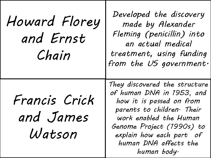 Howard Florey and Ernst Chain Developed the discovery made by Alexander Fleming (penicillin) into