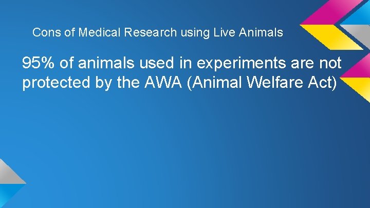 Cons of Medical Research using Live Animals 95% of animals used in experiments are