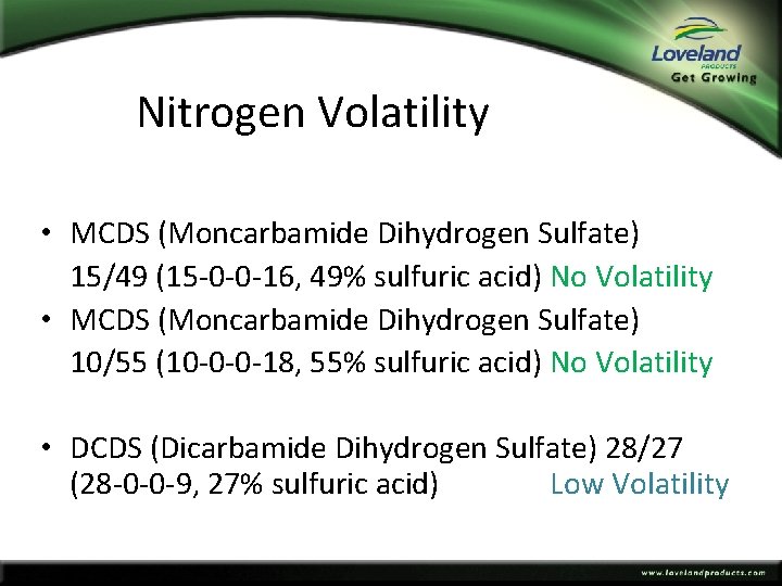 Nitrogen Volatility • MCDS (Moncarbamide Dihydrogen Sulfate) 15/49 (15 -0 -0 -16, 49% sulfuric