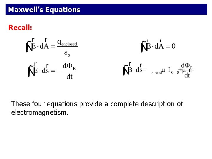 Maxwell’s Equations Recall: These four equations provide a complete description of electromagnetism. 