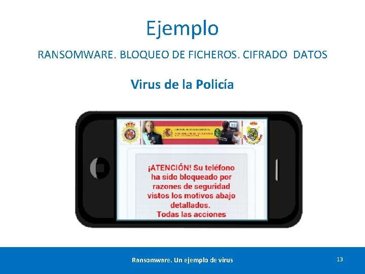 Ejemplo RANSOMWARE. BLOQUEO DE FICHEROS. CIFRADO DATOS Virus de la Policía Ransomware. Un ejemplo