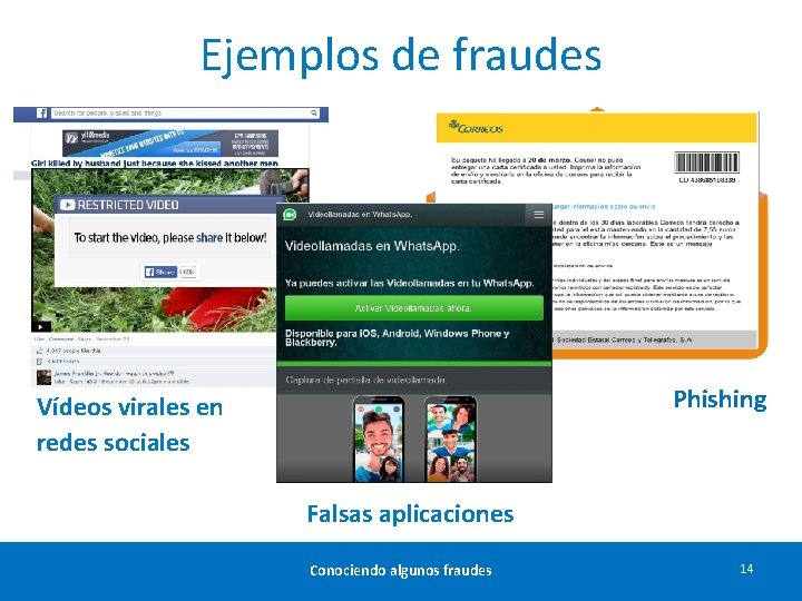 Ejemplos de fraudes Phishing Vídeos virales en redes sociales Falsas aplicaciones Conociendo algunos fraudes