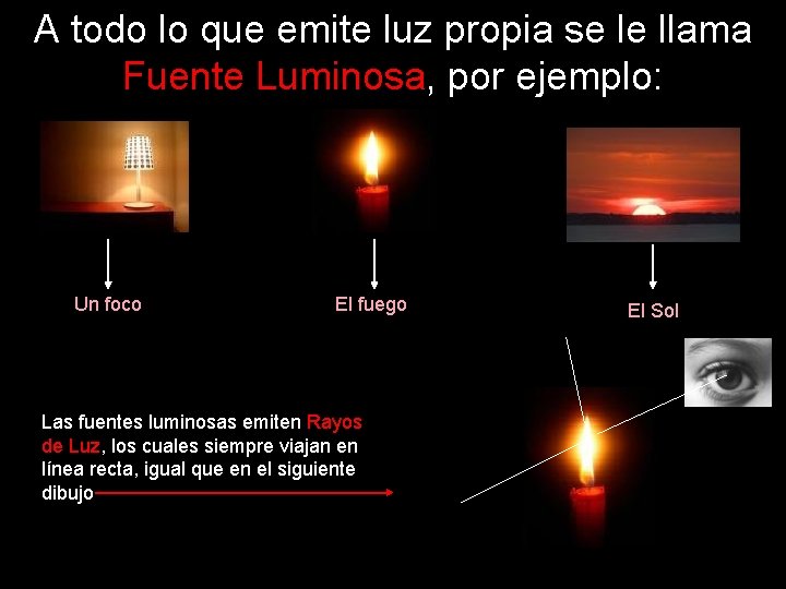 A todo lo que emite luz propia se le llama Fuente Luminosa, por ejemplo: