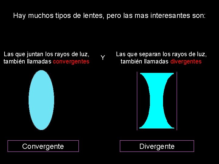 Hay muchos tipos de lentes, pero las mas interesantes son: Las que juntan los