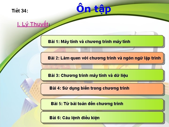 Ôn tập Tiết 34: I. Lý Thuyết: Bài 1: Máy tính và chương trình