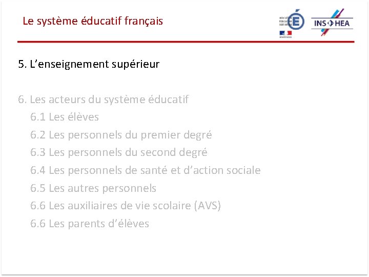 Le système éducatif français 5. L’enseignement supérieur 6. Les acteurs du système éducatif 6.