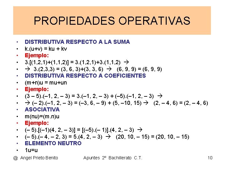 PROPIEDADES OPERATIVAS • • • • • DISTRIBUTIVA RESPECTO A LA SUMA k. (u+v) PROPIEDADES OPERATIVAS • • • • • DISTRIBUTIVA RESPECTO A LA SUMA k. (u+v)