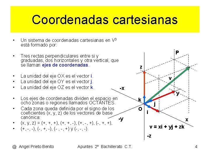 Coordenadas cartesianas • Un sistema de coordenadas cartesianas en V 3 está formado por: Coordenadas cartesianas • Un sistema de coordenadas cartesianas en V 3 está formado por: