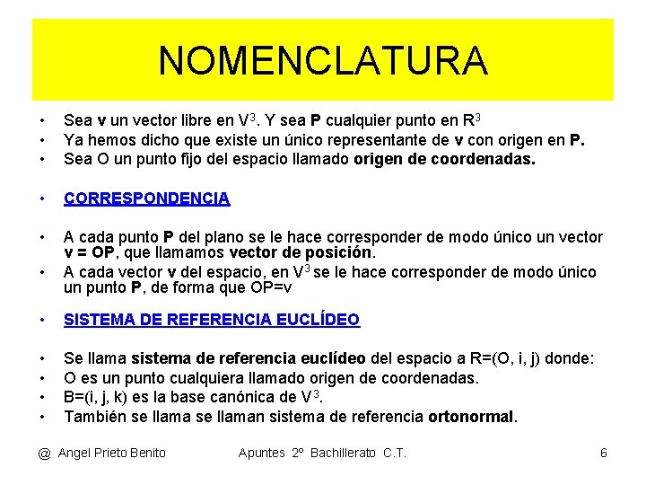 NOMENCLATURA • • • Sea v un vector libre en V 3. Y sea NOMENCLATURA • • • Sea v un vector libre en V 3. Y sea