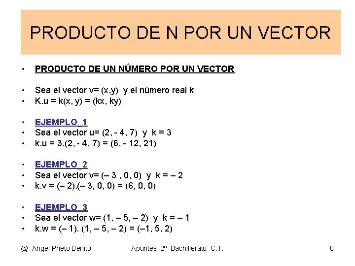 PRODUCTO DE N POR UN VECTOR • PRODUCTO DE UN NÚMERO POR UN VECTOR PRODUCTO DE N POR UN VECTOR • PRODUCTO DE UN NÚMERO POR UN VECTOR