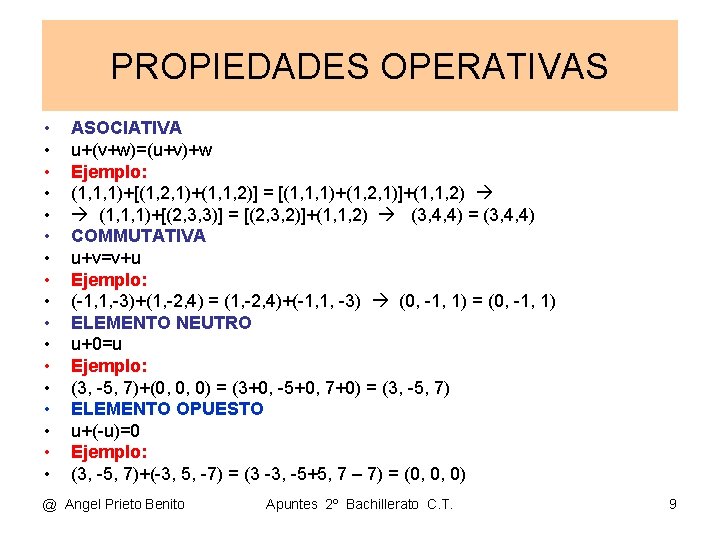 PROPIEDADES OPERATIVAS • • • • • ASOCIATIVA u+(v+w)=(u+v)+w Ejemplo: (1, 1, 1)+[(1, 2, PROPIEDADES OPERATIVAS • • • • • ASOCIATIVA u+(v+w)=(u+v)+w Ejemplo: (1, 1, 1)+[(1, 2,