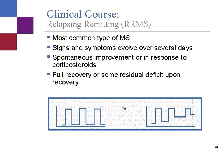 Clinical Course: Relapsing-Remitting (RRMS) § Most common type of MS § Signs and symptoms