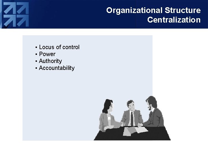 Organizational Structure Centralization • Locus of control • Power • Authority • Accountability 