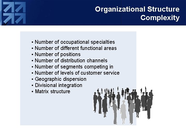 Organizational Structure Complexity • Number of occupational specialties • Number of different functional areas