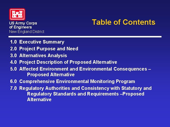 US Army Corps of Engineers New England District Table of Contents 1. 0 Executive US Army Corps of Engineers New England District Table of Contents 1. 0 Executive