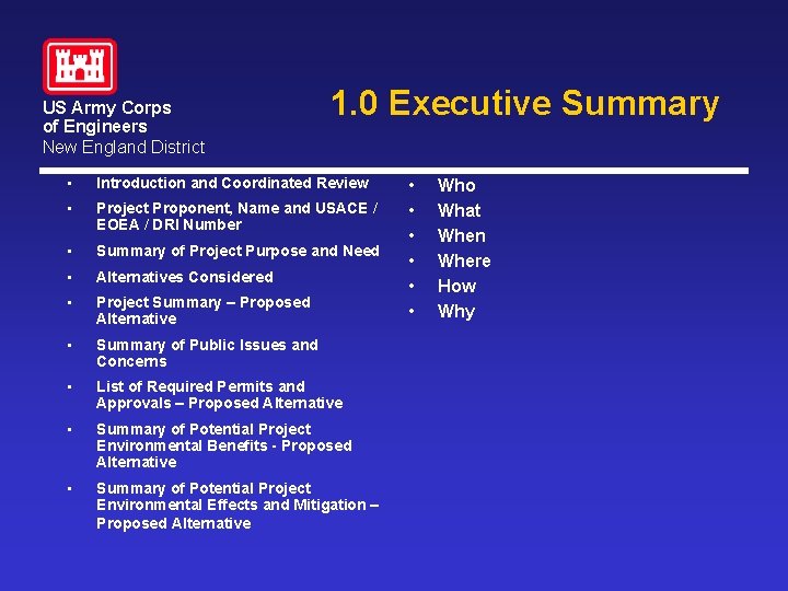 US Army Corps of Engineers New England District 1. 0 Executive Summary • Introduction US Army Corps of Engineers New England District 1. 0 Executive Summary • Introduction