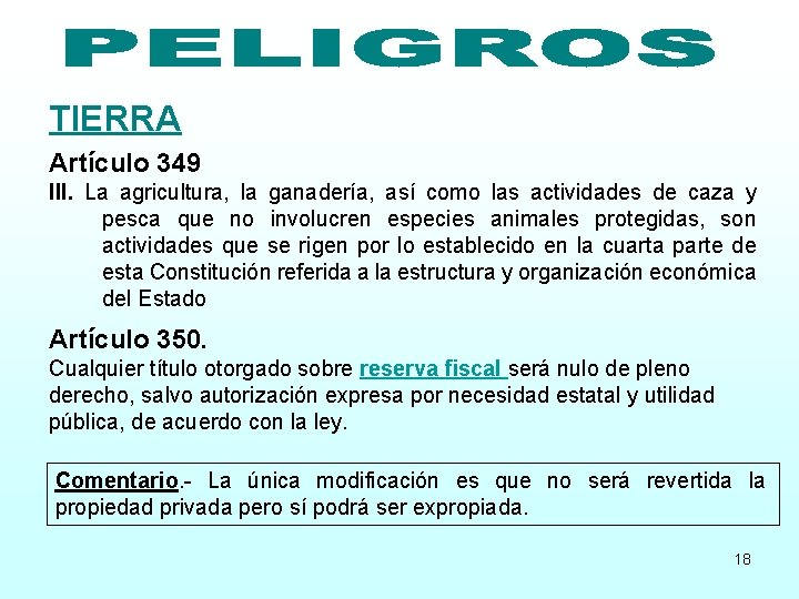 TIERRA Artículo 349 III. La agricultura, la ganadería, así como las actividades de caza