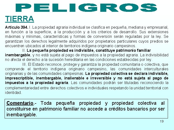 TIERRA Artículo 394. I. La propiedad agraria individual se clasifica en pequeña, mediana y