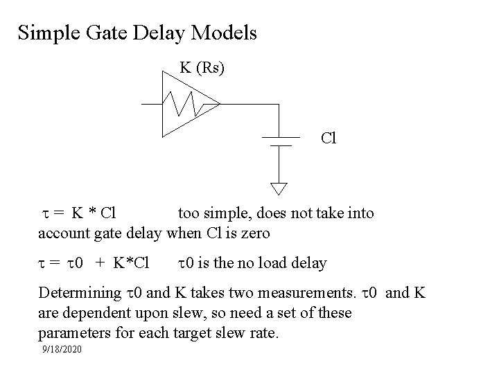 Simple Gate Delay Models K (Rs) Cl t = K * Cl too simple,