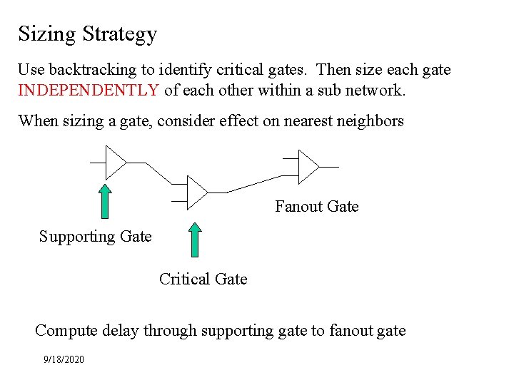 Sizing Strategy Use backtracking to identify critical gates. Then size each gate INDEPENDENTLY of