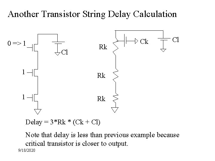 Another Transistor String Delay Calculation 0 => 1 Cl Rk 1 Rk Ck Cl