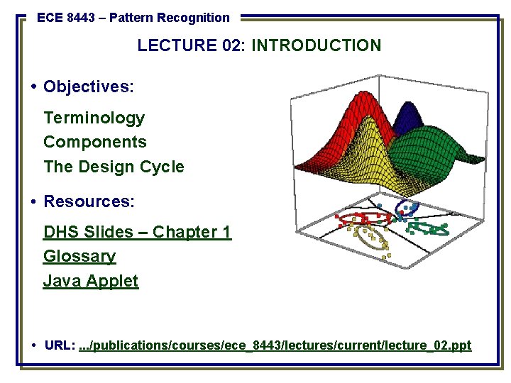 ECE 8443 – Pattern Recognition LECTURE 02: INTRODUCTION • Objectives: Terminology Components The Design