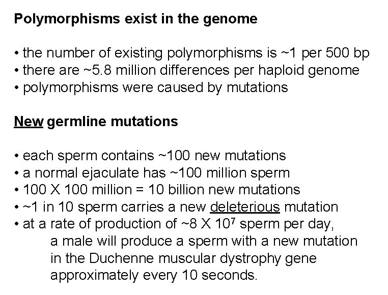 Polymorphisms exist in the genome • the number of existing polymorphisms is ~1 per