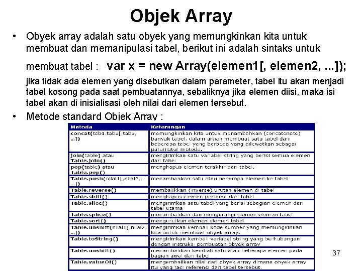 Objek Array • Obyek array adalah satu obyek yang memungkinkan kita untuk membuat dan