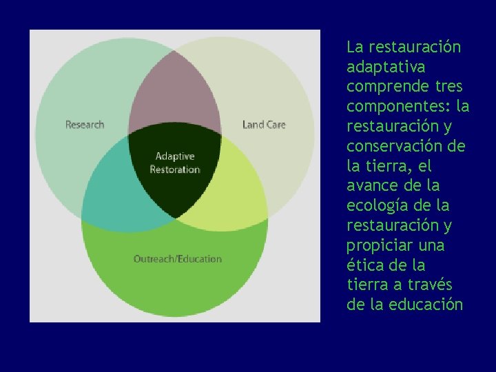 La restauración adaptativa comprende tres componentes: la restauración y conservación de la tierra, el